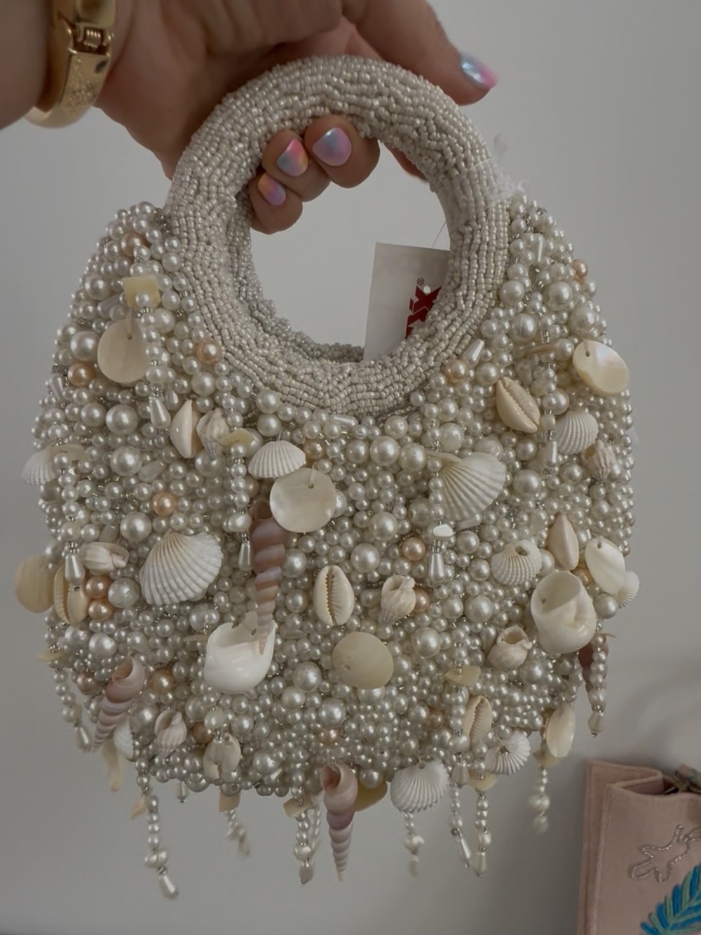 Beaded Cream Shell-Embellished Mini Handbag